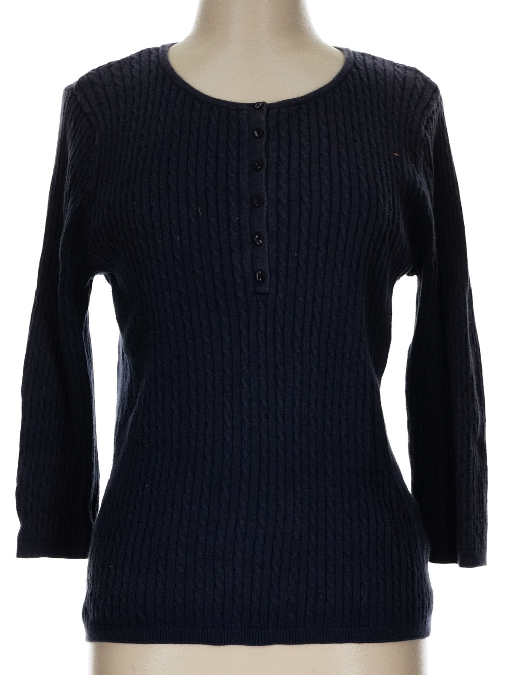 JEANNE PIERRE Navy Ribbed Henley Crewneck Sweater